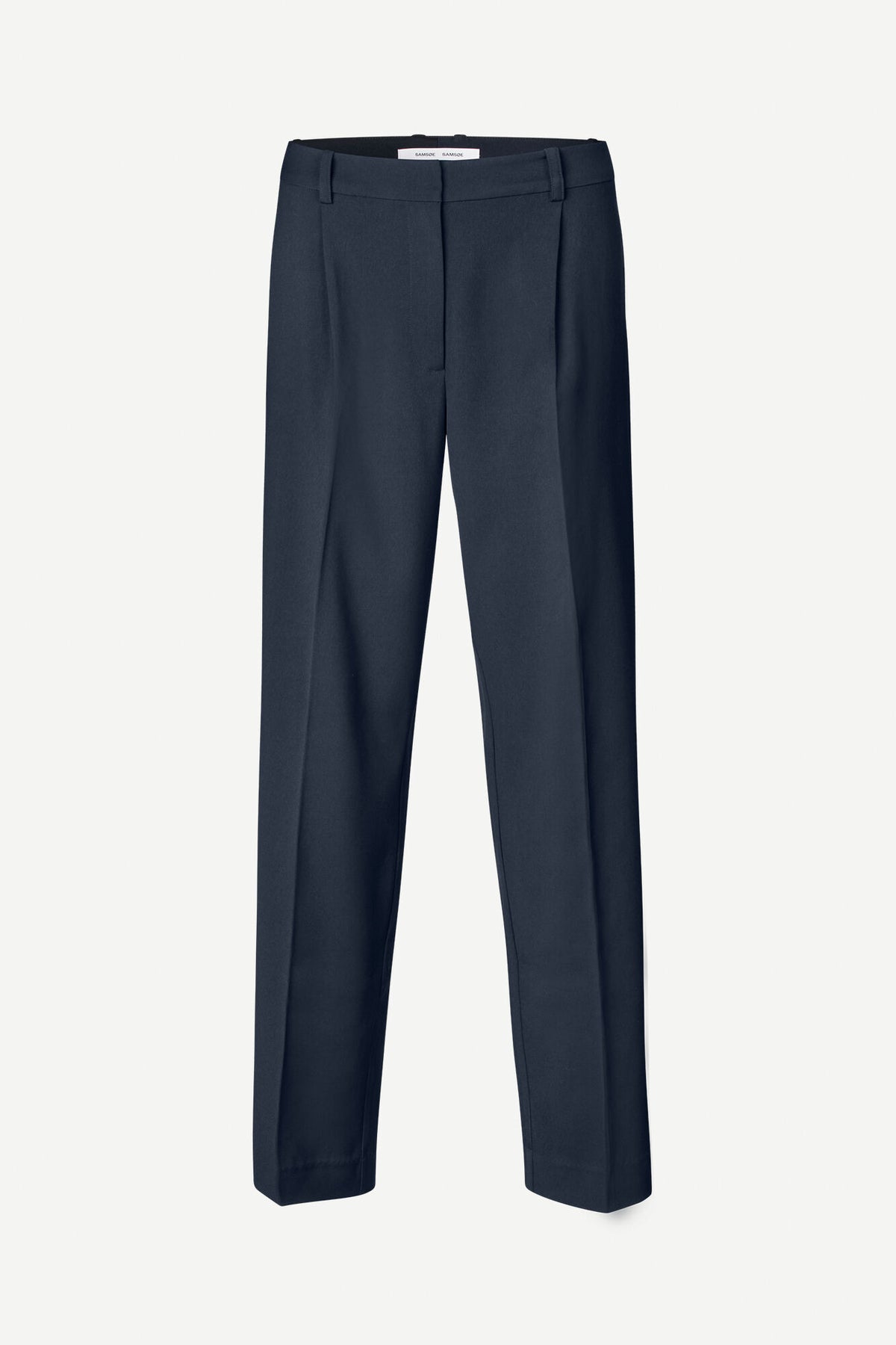 Navy tailored trousers with straight leg and fixed waistband