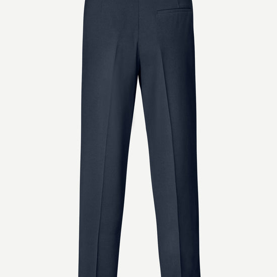 Navy tailored trousers with straight leg and fixed waistband