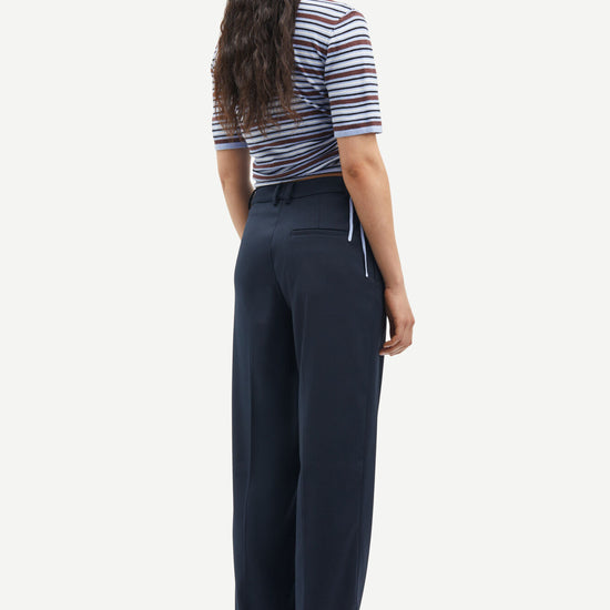 Navy tailored trousers with straight leg and fixed waistband