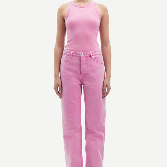 pink button fly jeans with a straight leg