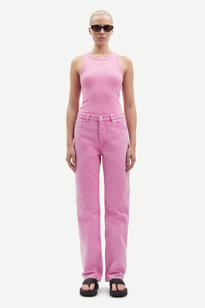 pink button fly jeans with a straight leg