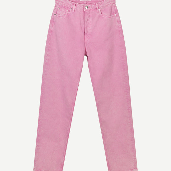 pink button fly jeans with a straight leg