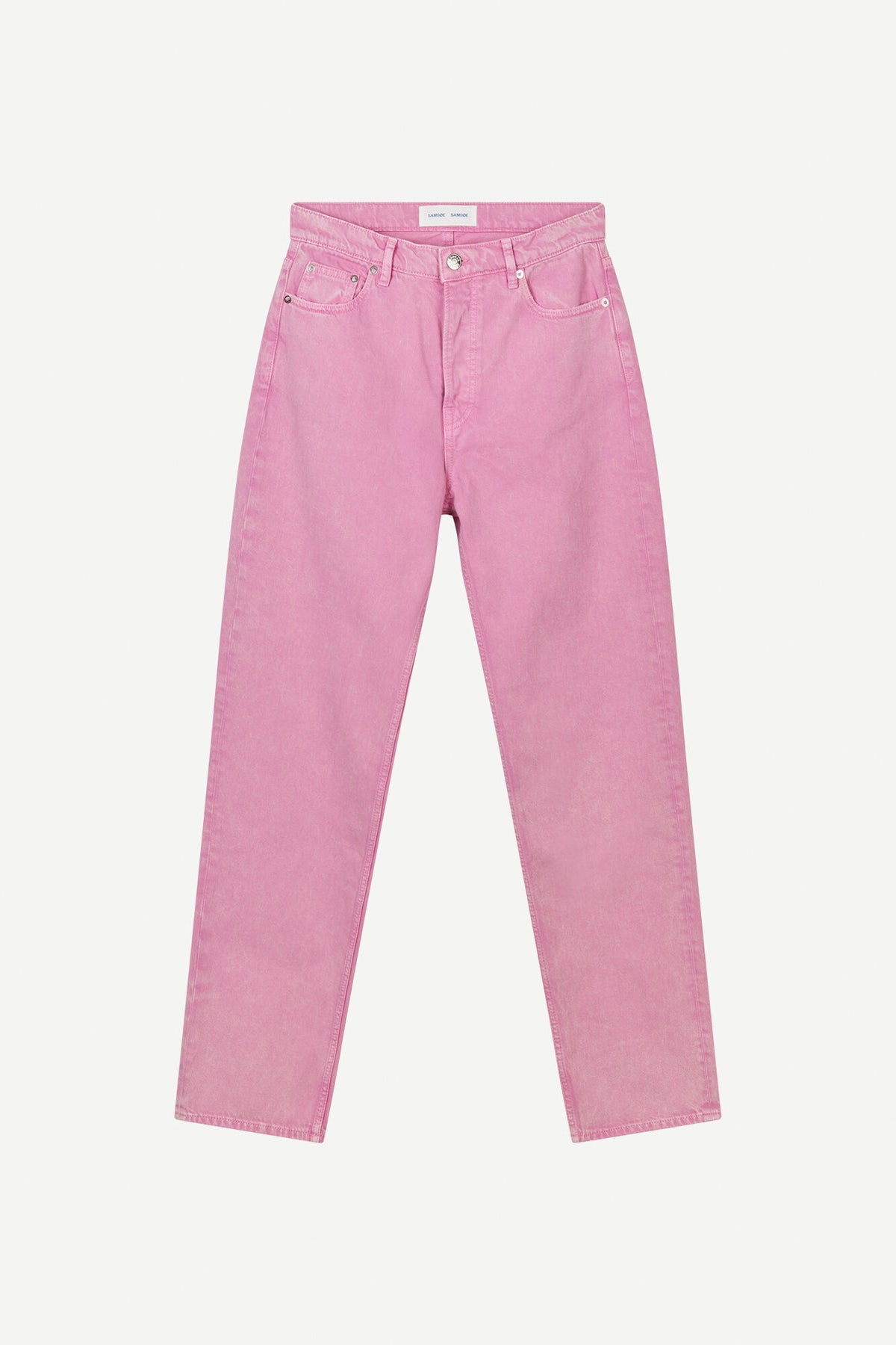 pink button fly jeans with a straight leg