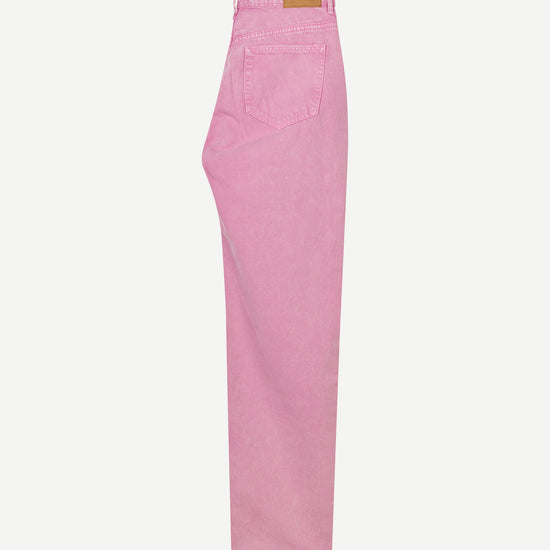 pink button fly jeans with a straight leg