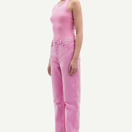 pink button fly jeans with a straight leg