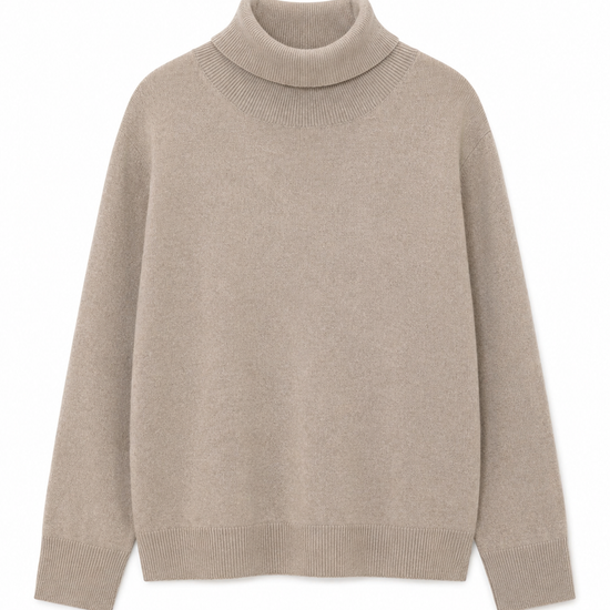 A light beige knit turtleneck sweater with long sleeves and ribbed cuffs and hem, shown against a plain white background.