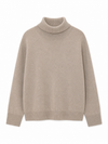 A light beige knit turtleneck sweater with long sleeves and ribbed cuffs and hem, shown against a plain white background.