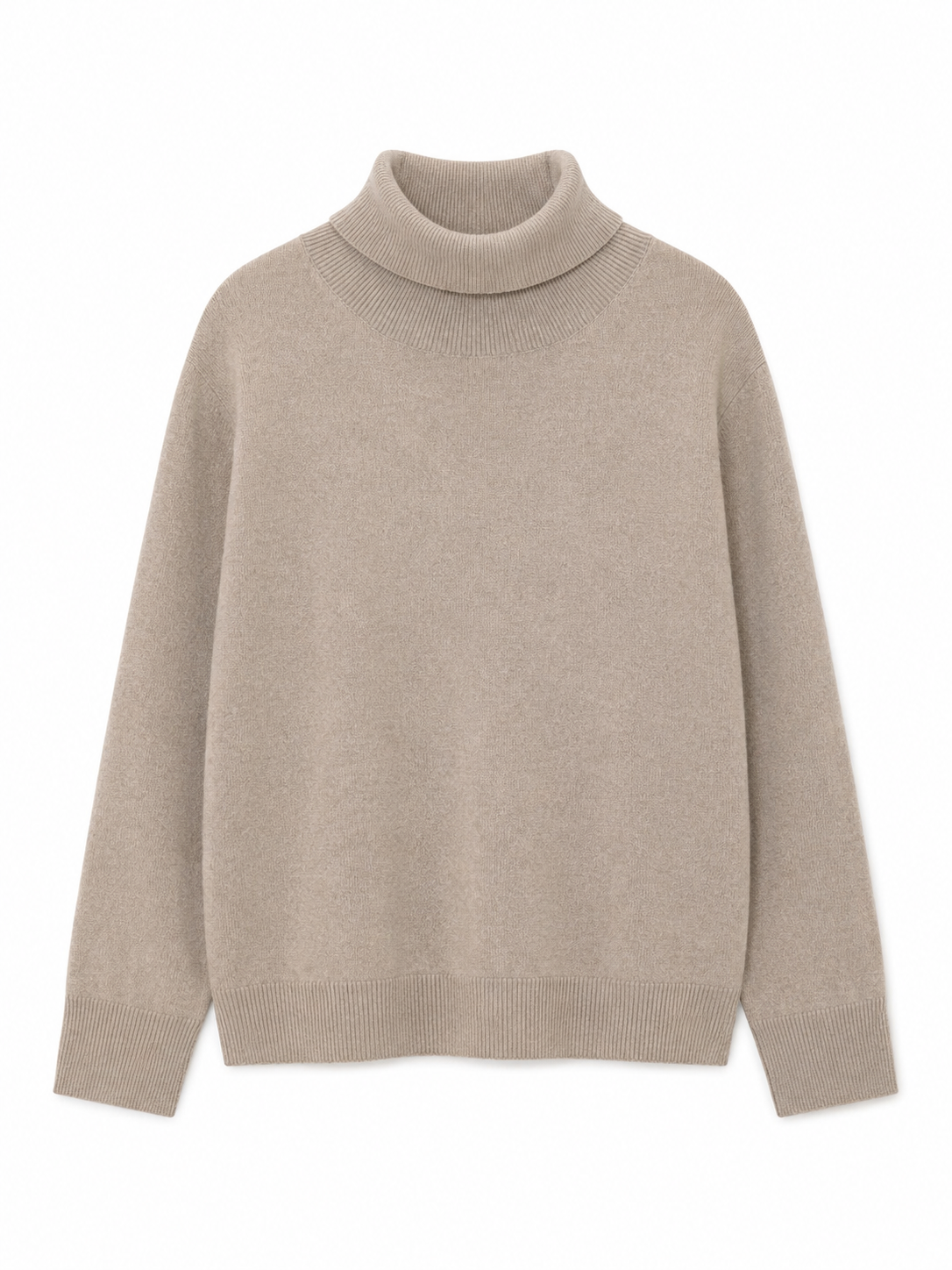 A light beige knit turtleneck sweater with long sleeves and ribbed cuffs and hem, shown against a plain white background.