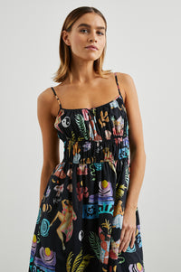 Cotton dress with slim straps and an elasticated waist  in a retro style multi colour print