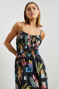 Cotton dress with slim straps and an elasticated waist  in a retro style multi colour print