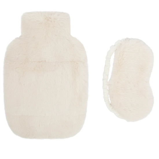 White knitted hot water bottle and cover on a white background