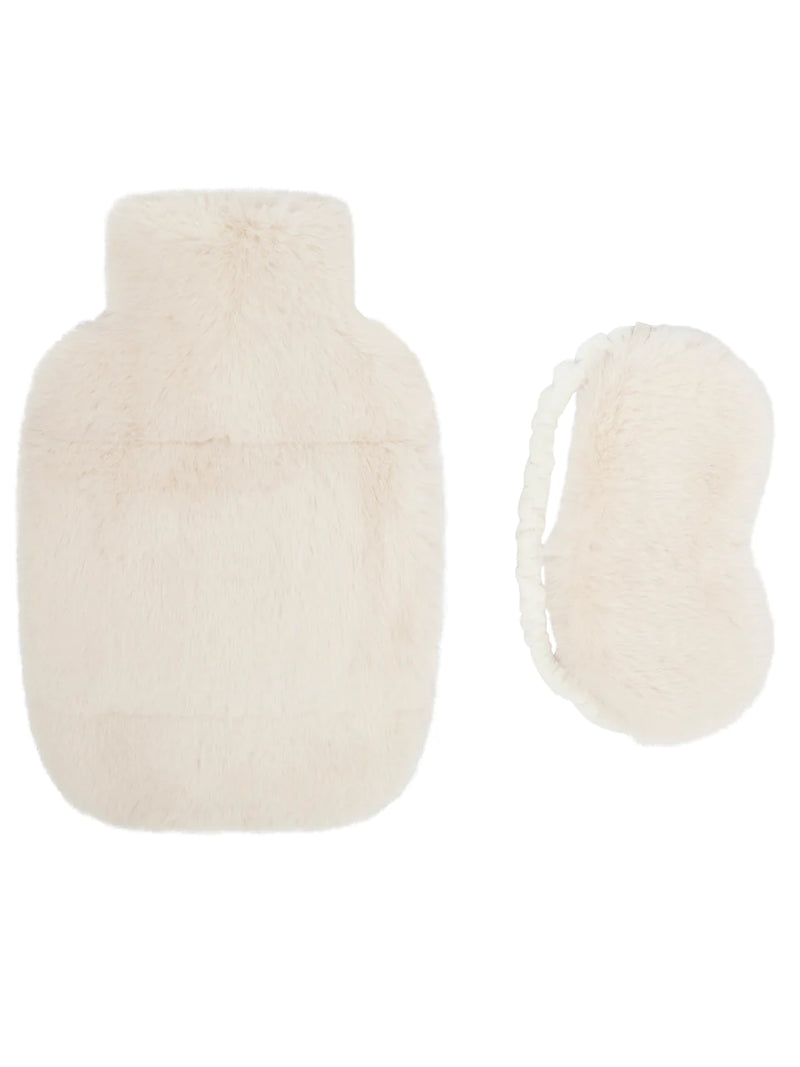 Cream faux fur hot water bottle cover and eye mask with rubber hot water bottle included
