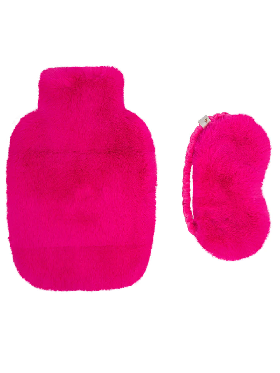 Hot pink faux fur hot water bottle cover and eye mask with rubber hot water bottle included