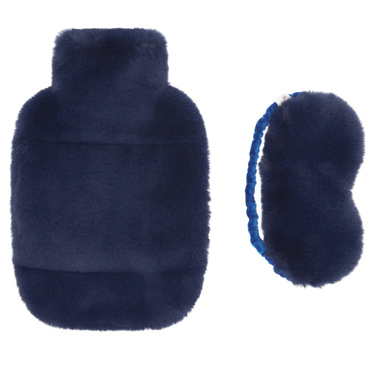 Navy faux fur hot water bottle cover and eye mask with rubber hot water bottle included