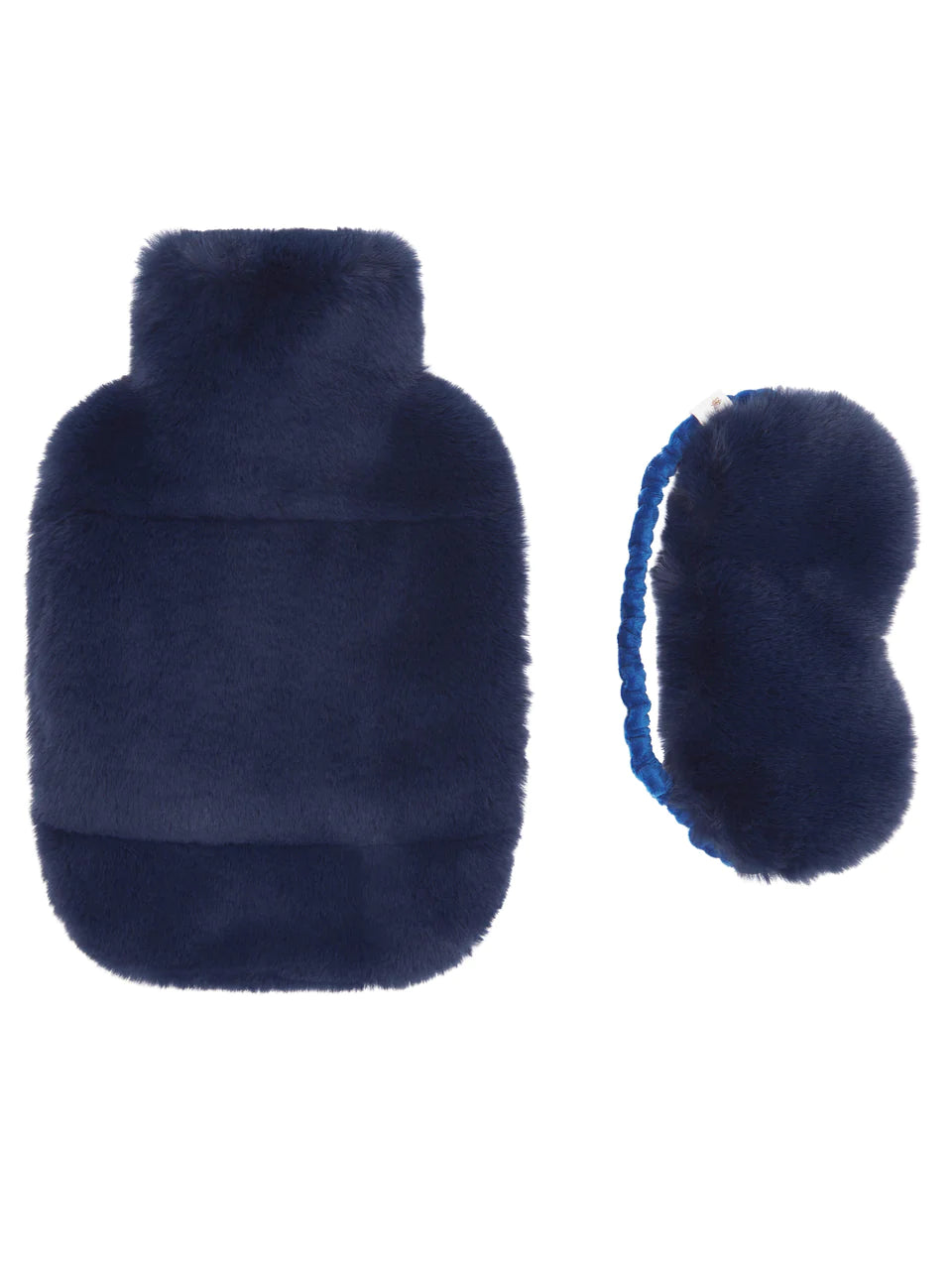 Navy faux fur hot water bottle cover and eye mask with rubber hot water bottle included