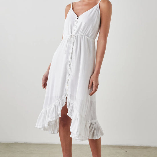 White ruffle spaghetti strap midi dress with sewn in waist tie