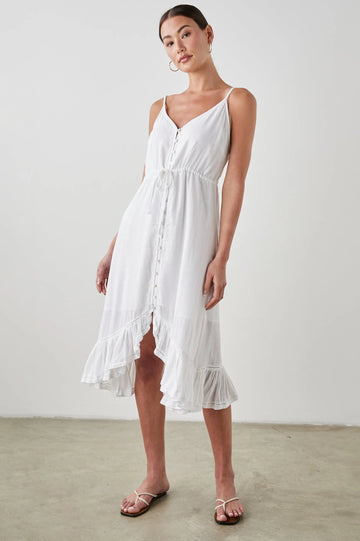 White ruffle spaghetti strap midi dress with sewn in waist tie