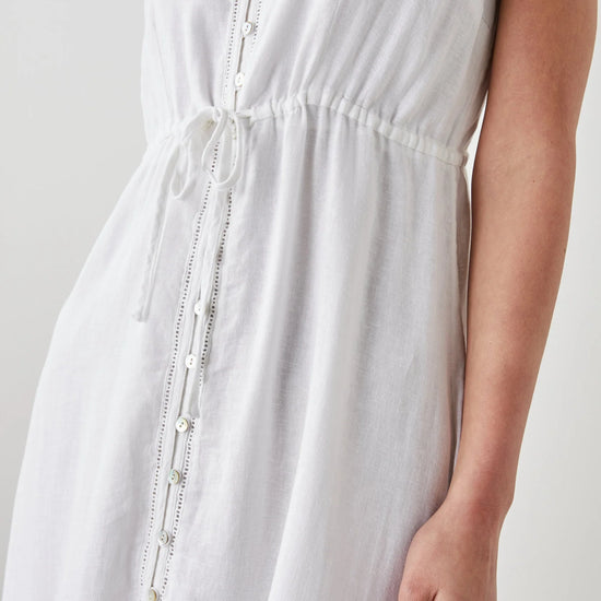 White ruffle spaghetti strap midi dress with sewn in waist tie