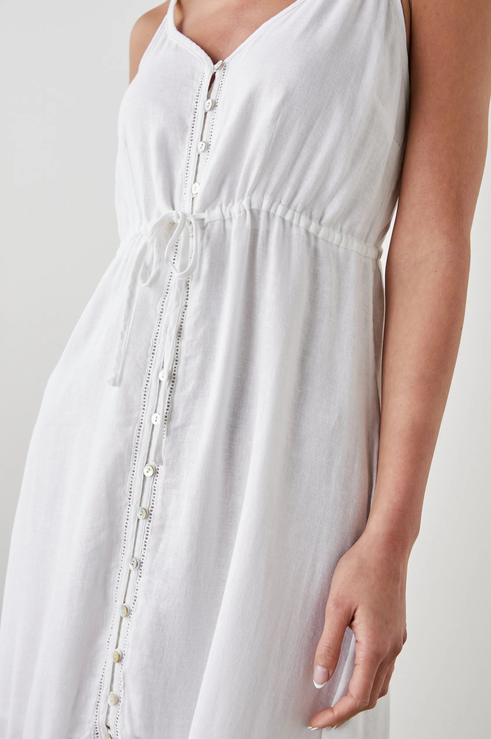 White ruffle spaghetti strap midi dress with sewn in waist tie