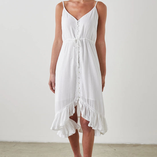 White ruffle spaghetti strap midi dress with sewn in waist tie