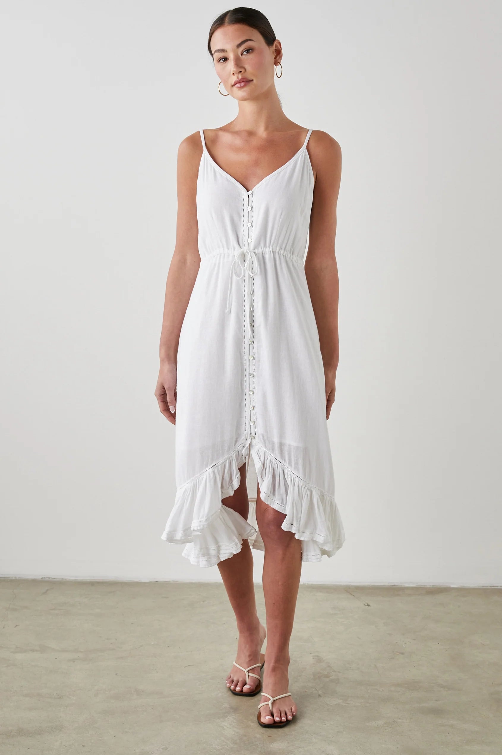 White ruffle spaghetti strap midi dress with sewn in waist tie