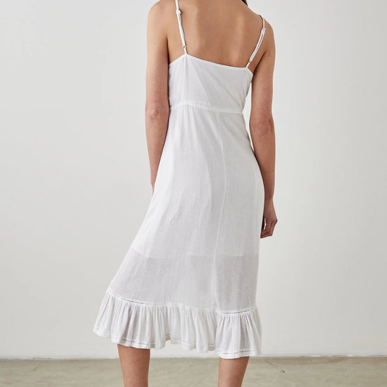 White ruffle spaghetti strap midi dress with sewn in waist tie