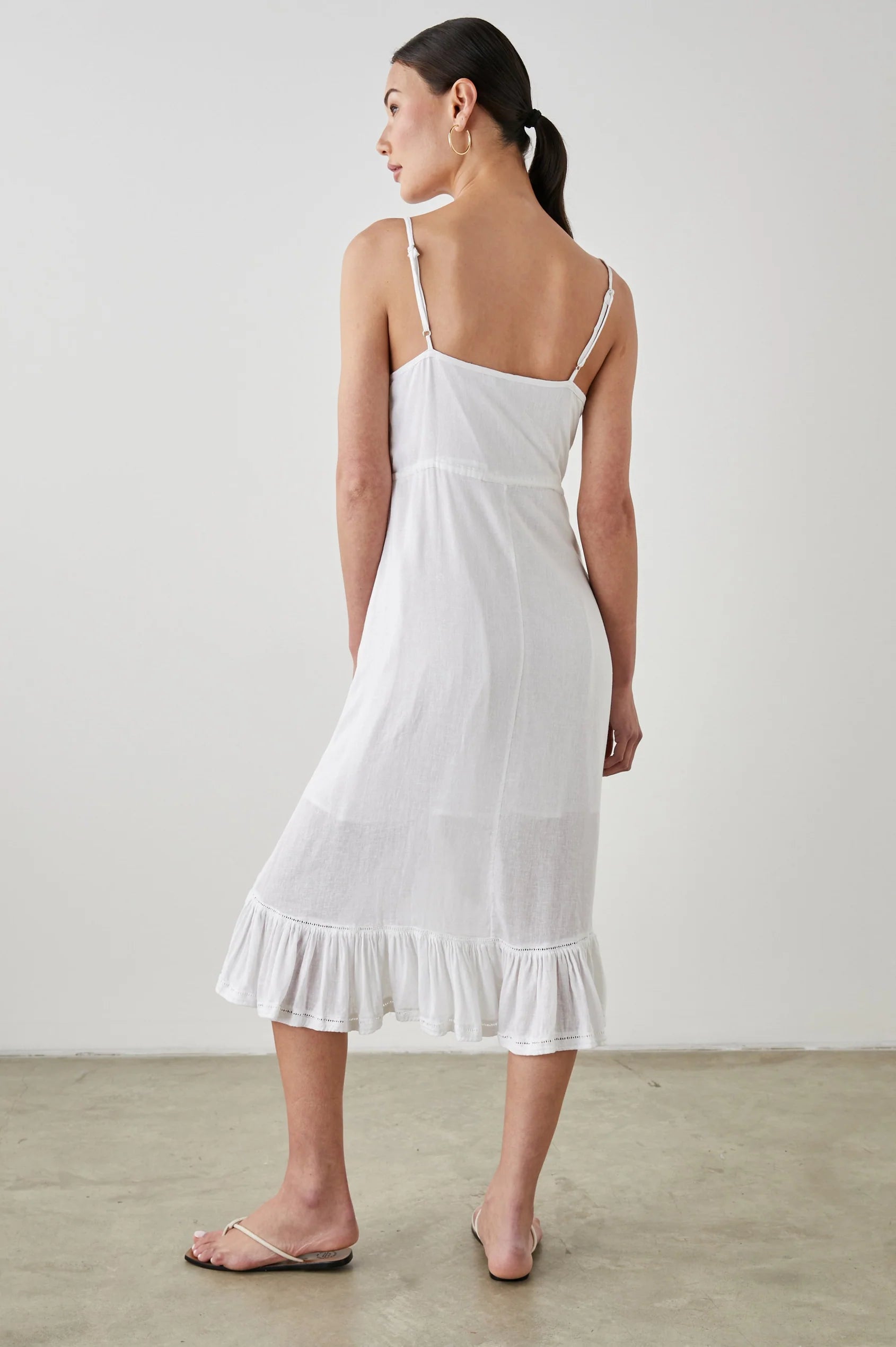 White ruffle spaghetti strap midi dress with sewn in waist tie