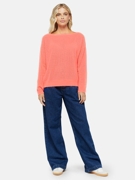 Slash neck coral long sleeved jumper with eyelet stitch detail thoughout