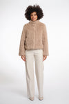 light beige faux fur jacket with high neck, central closure and stripe detailing in the fur model shot