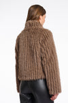 brown faux fur jacket with high neck, central closure and stripe detailing in the fur rear view 