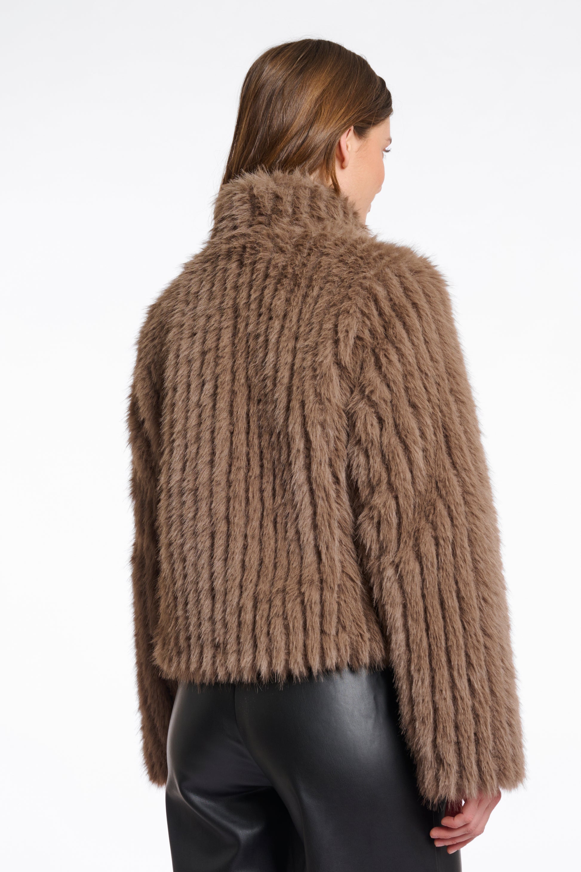 brown faux fur jacket with high neck, central closure and stripe detailing in the fur rear view 