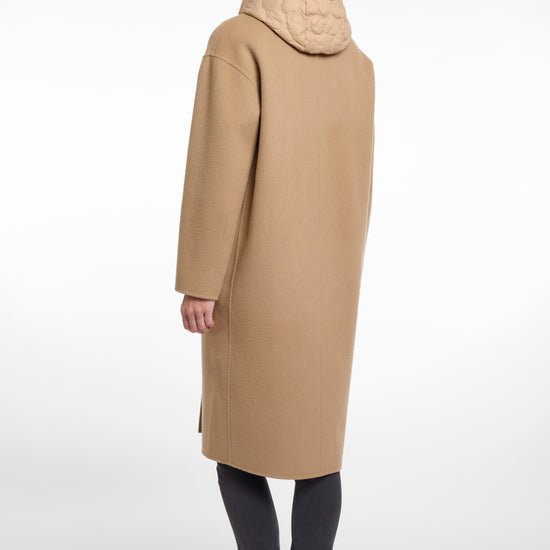 single breasted camel coat with interior quilted gilet and 2 patch pockets  rear view