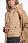 single breasted camel coat with interior quilted gilet and 2 patch pockets  photo of inside gilet