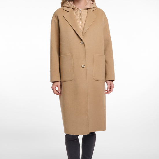 single breasted camel coat with interior quilted gilet and 2 patch pockets 