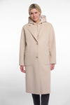 single breasted light beige coat with interior quilted gilet and 2 patch pockets model shot