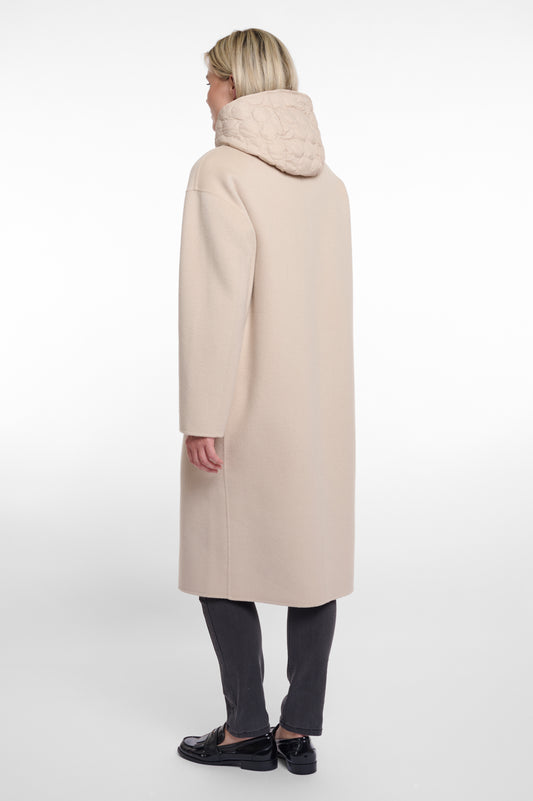 single breasted light beige coat with interior quilted gilet and 2 patch pockets  rear view