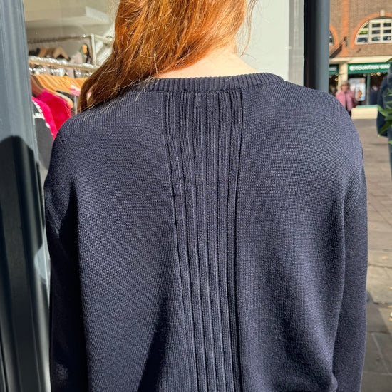 navy merino wool jumper with front patch pocket rear view 