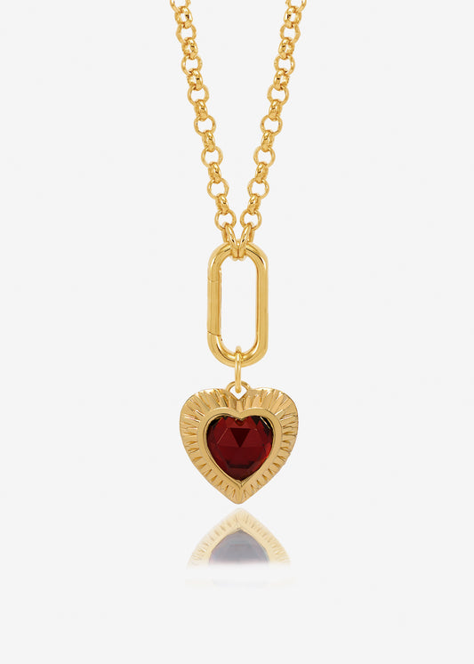 gold pendant heart necklace with red stone from rounded rectangular charm and gold chain from rachel jackson