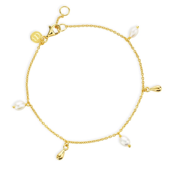 Delicate gold bracelet with pearl and gold teardrop charms