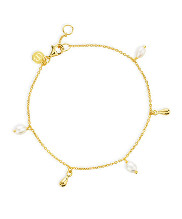 Delicate gold bracelet with pearl and gold teardrop charms