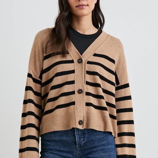 camel and black stripe cardigan with 3 buttons 