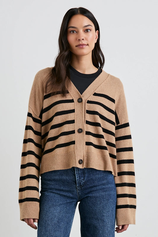 camel and black stripe cardigan with 3 buttons 