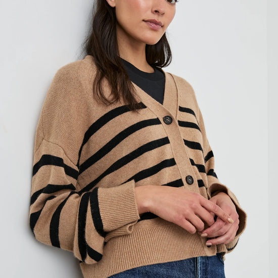 camel and black stripe cardigan with 3 buttons 