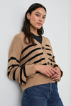 camel and black stripe cardigan with 3 buttons 