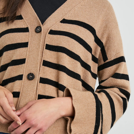 camel and black stripe cardigan with 3 buttons  close up