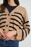 camel and black stripe cardigan with 3 buttons  close up