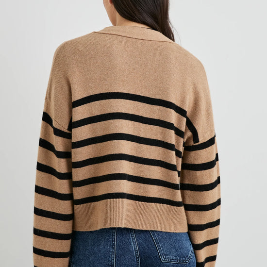 camel and black stripe cardigan with 3 buttons  rear view 