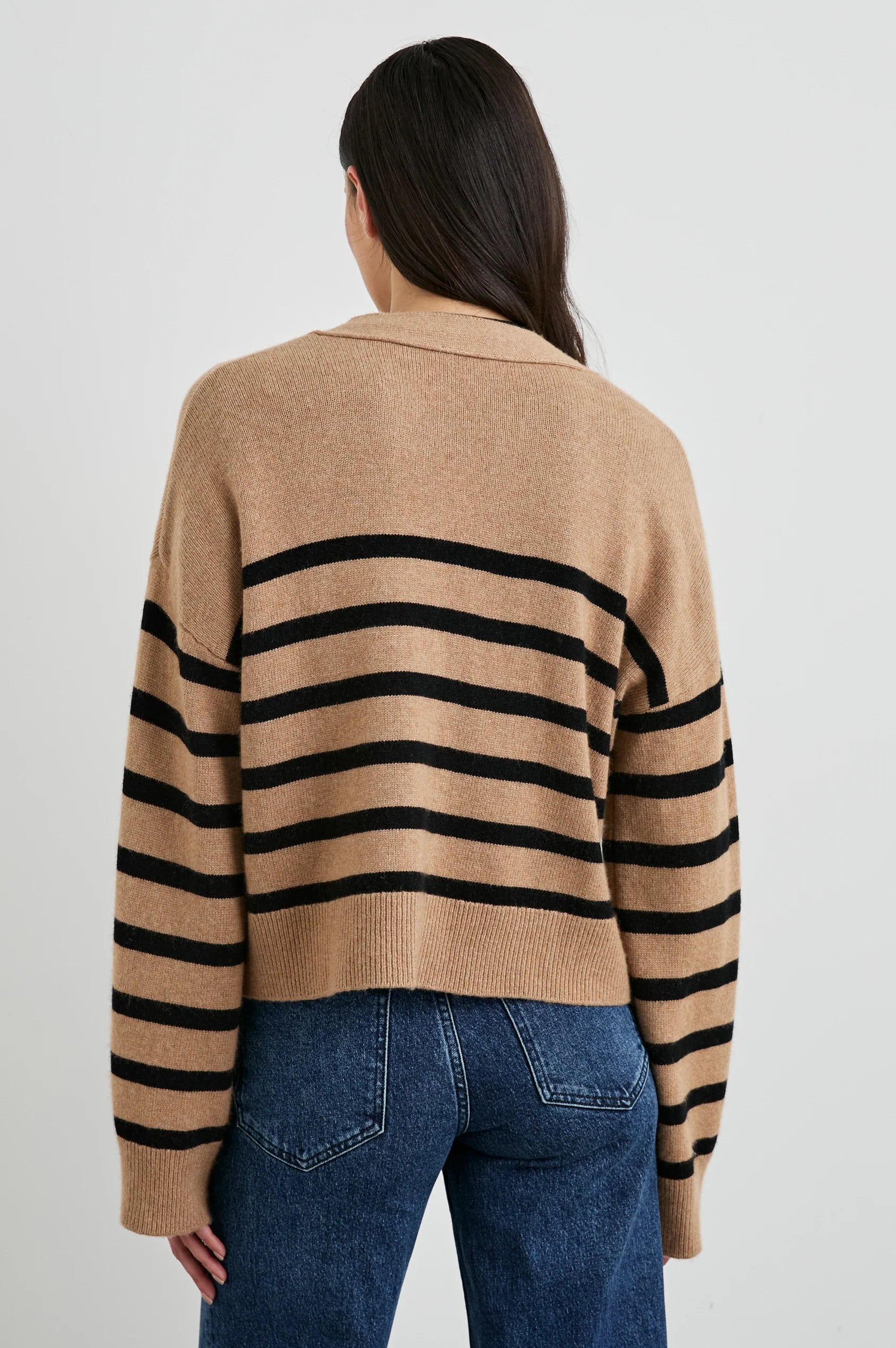 camel and black stripe cardigan with 3 buttons  rear view 