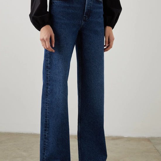 Wide leg blue jeans with a high waist