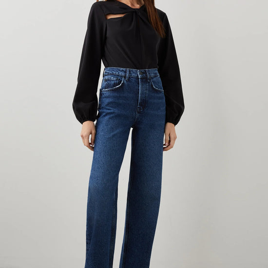 Wide leg blue jeans with a high waist